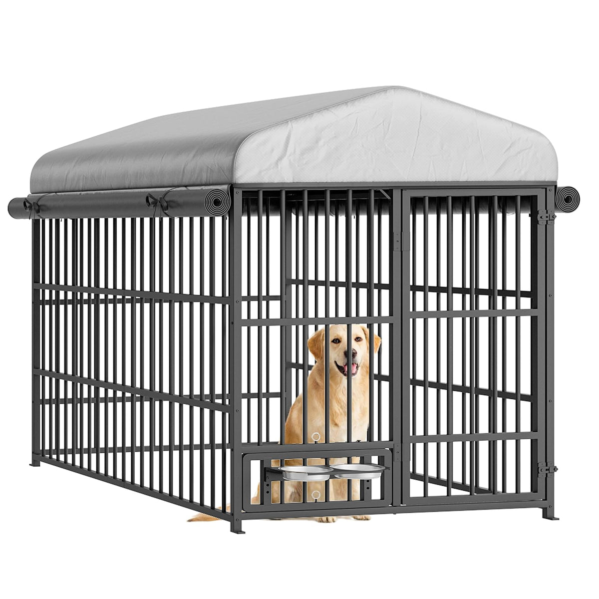 HOOBRO Dog Kennel Outdoor with Cover, 6.6 x 6.6 x 6.4 ft Dog Kennel Outside with Waterproof Roof and Rotating Feeding Bowls, Heavy-Duty Large Cage Enclosure, for Medium & Large Dogs, Black BK220GW03