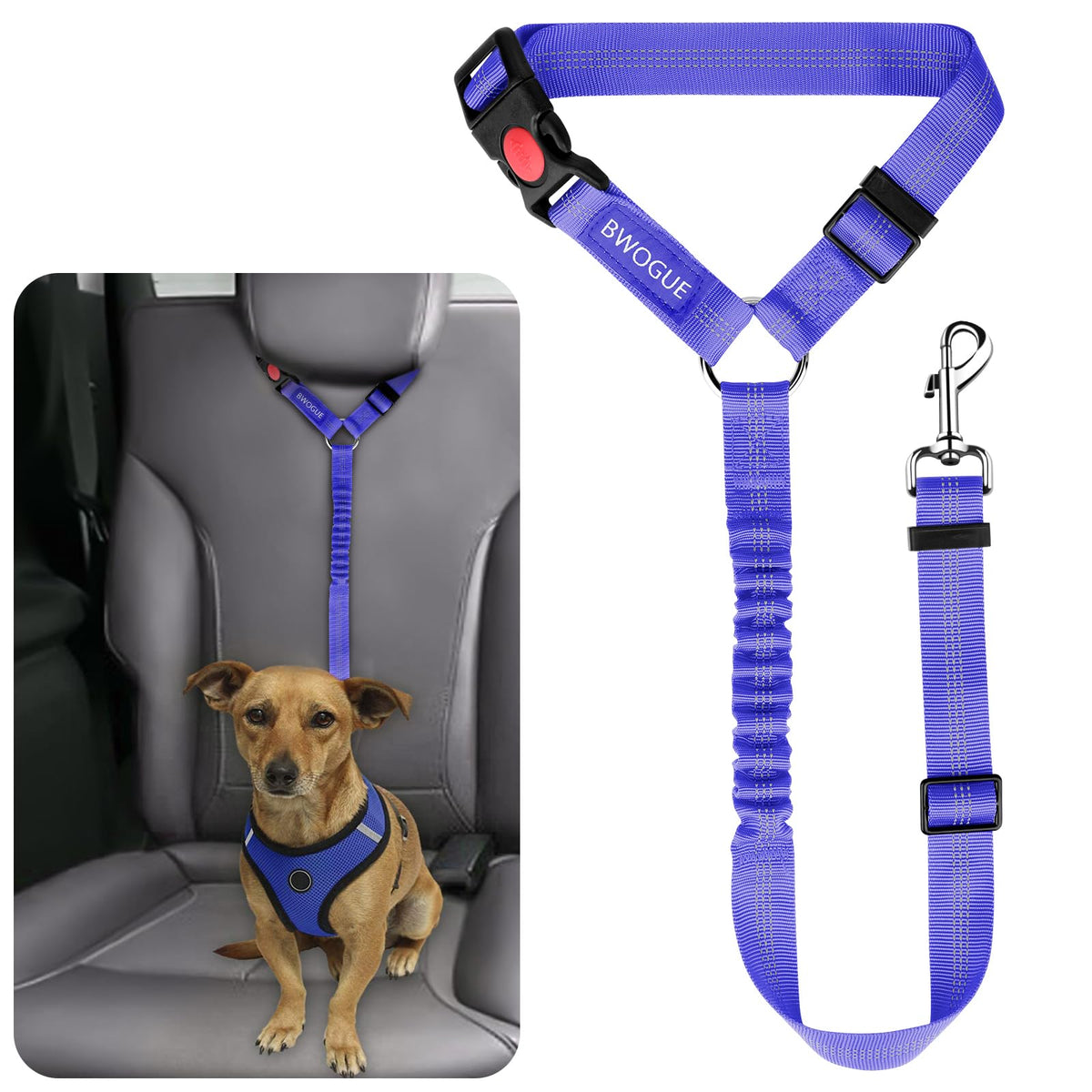 BWOGUE Dog Seat Belt for Car, Headrest Restraint Reflective Bungee, 1 Pack