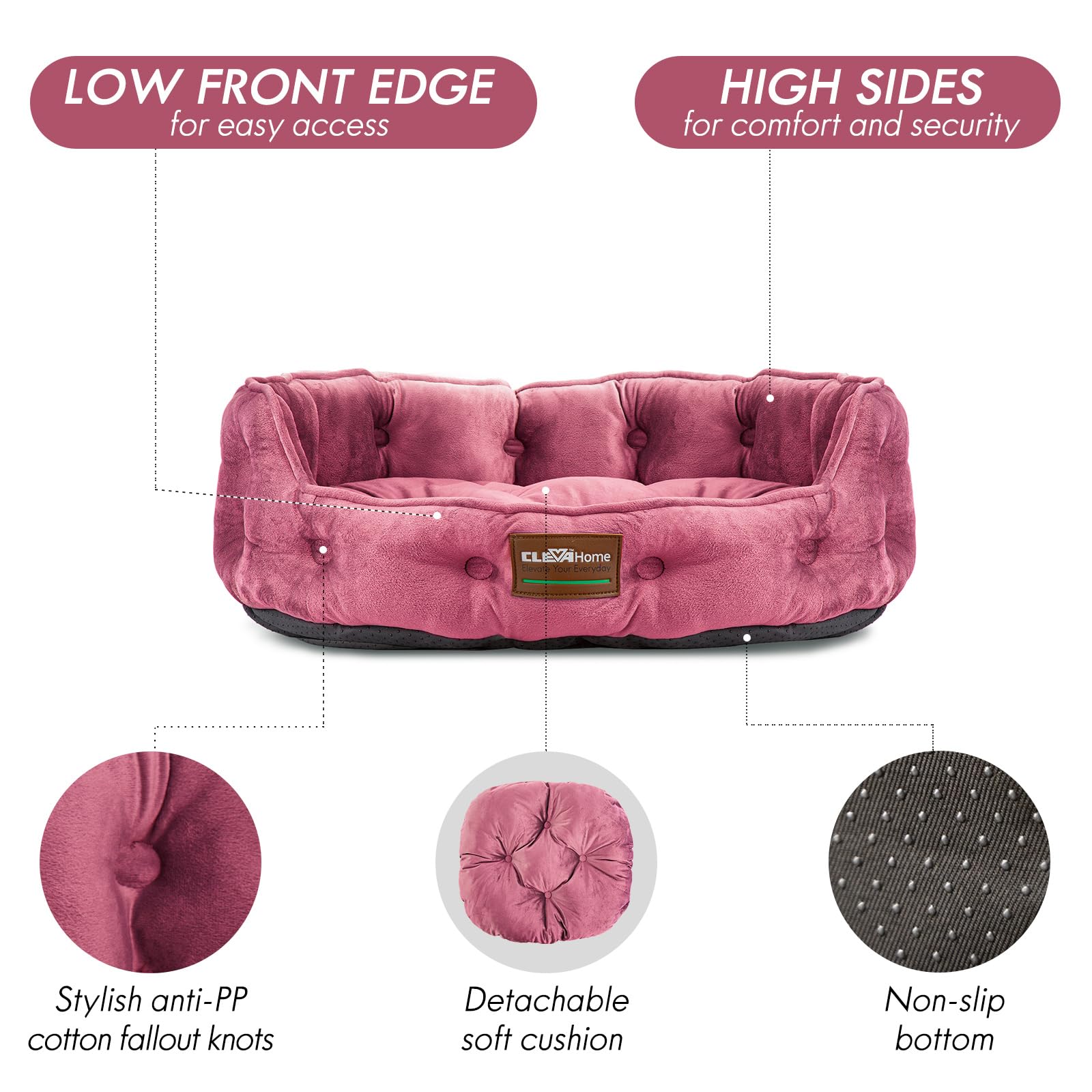 ClevaHome Cat Dog Bed for Small Pets up to 15lbs - Round Cat Beds for Indoor Cats, Machine Washable Comfortable Pet Bed for Puppy and Kitten with Non-Slip Bottom (Plum Pink)