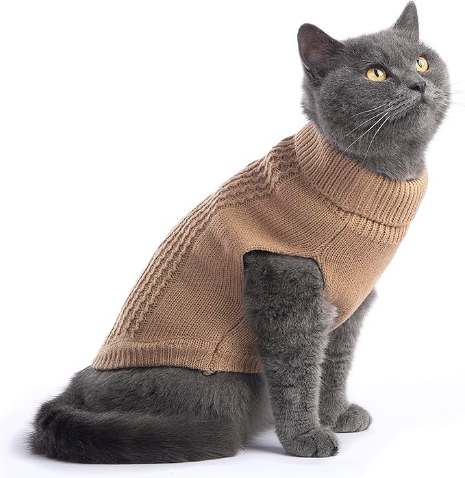 Cat Sweater Keep Your Pets Cozy, 16 Color Turtleneck Knitted Sleeveless Cat Clothes, Winter Outfits for Cats & Small Dogs During Cold Seasons (Khaki, Small)