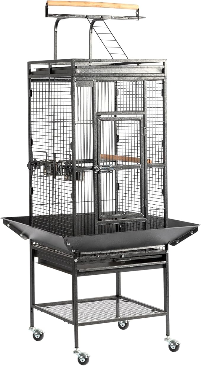 VINGLI Bird Cage with Wheels, 62 inch Bird Cages with Play Top, Wrought Iron Cage with Rolling Stand for Parrots, Cockatiels, Budgies, Lovebirds, Small/Medium Birds (Black)
