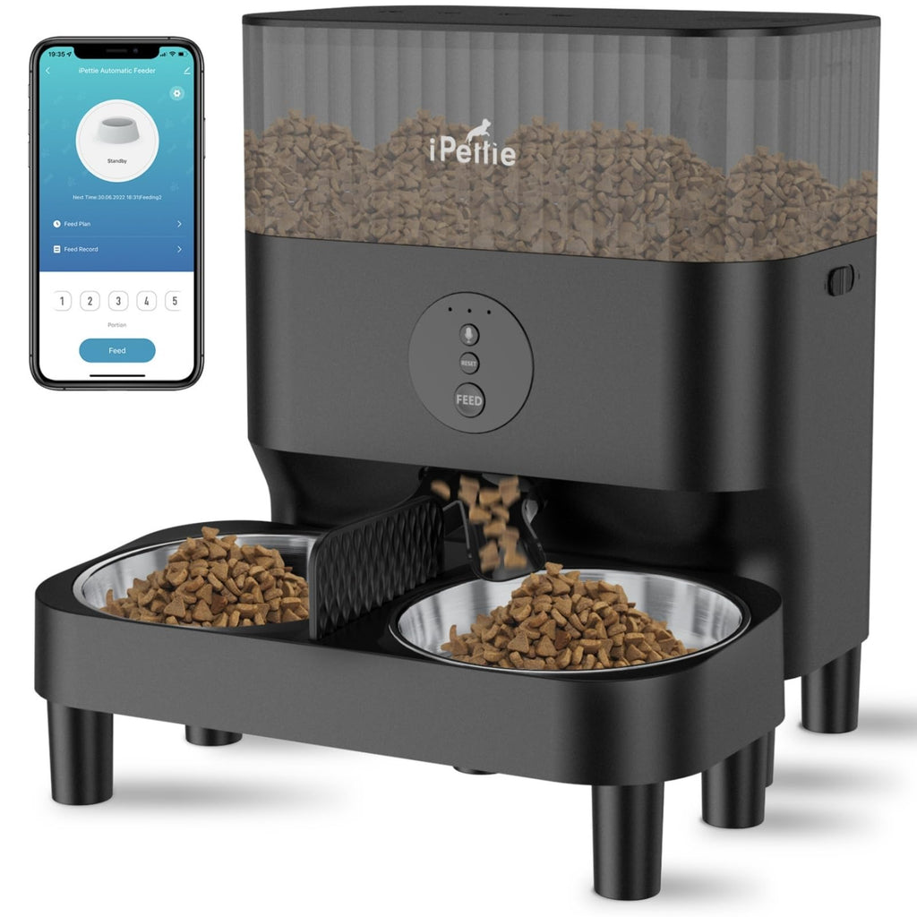 iPettie Automatic WiFi Pet Feeder for 2 Pets, 5L Capacity, 1-10 Meals Per Day, Adjustable Bowl Height, Smart Dog Cat Feeder with 2 Stainless Steel Bowls, 2.4G WiFi App Control for Cats and Small Dogs