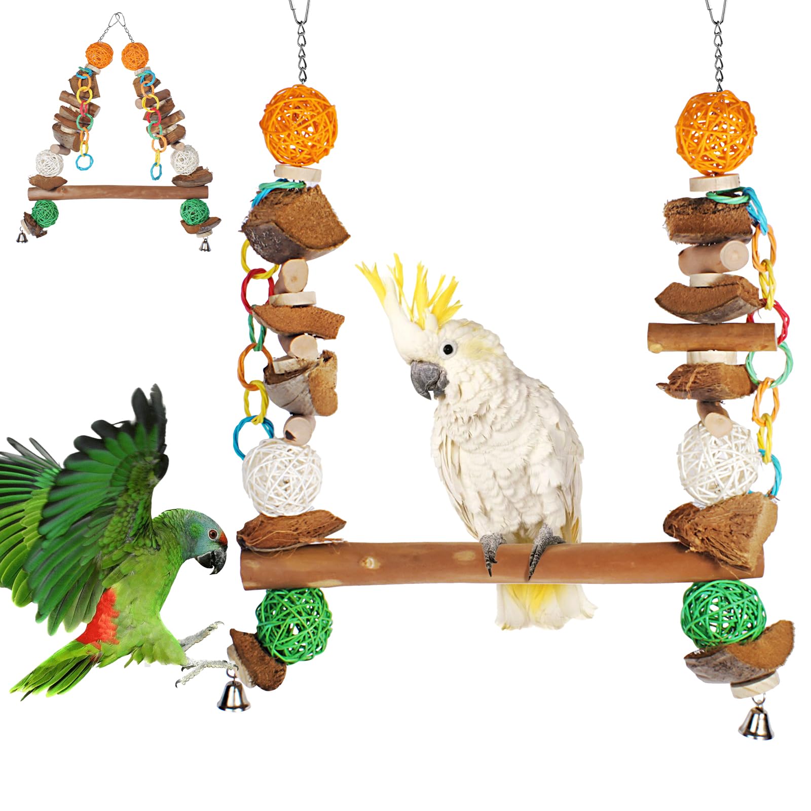 unimaxlink 3-in-1 Parrot Toys Natural Coconut Fiber Parrot Hammock (Swing + Perch + Chew Toy) Natural Bird Perches for Medium Large Birds - 23" Bird Toys for Parrots Stand