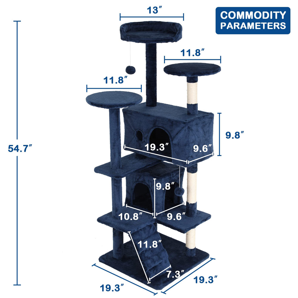 Heavy Duty Cat Tree Tower, 54" Tall Cat Tower for Indoor Cats with Cat Scratching Post with Bed, Cat Condo, Hanging Ball, Multi-Level Cat Climbing Tower Cat Trees Furniture Activity Center, Navy Blue