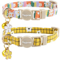 Faygarsle 2 Pack Striped Plaid Floral Pattern Cat Collars Breakaway Safety Collar with Bell Spring Summer Design for Girl Cats,Yellow Multicolor