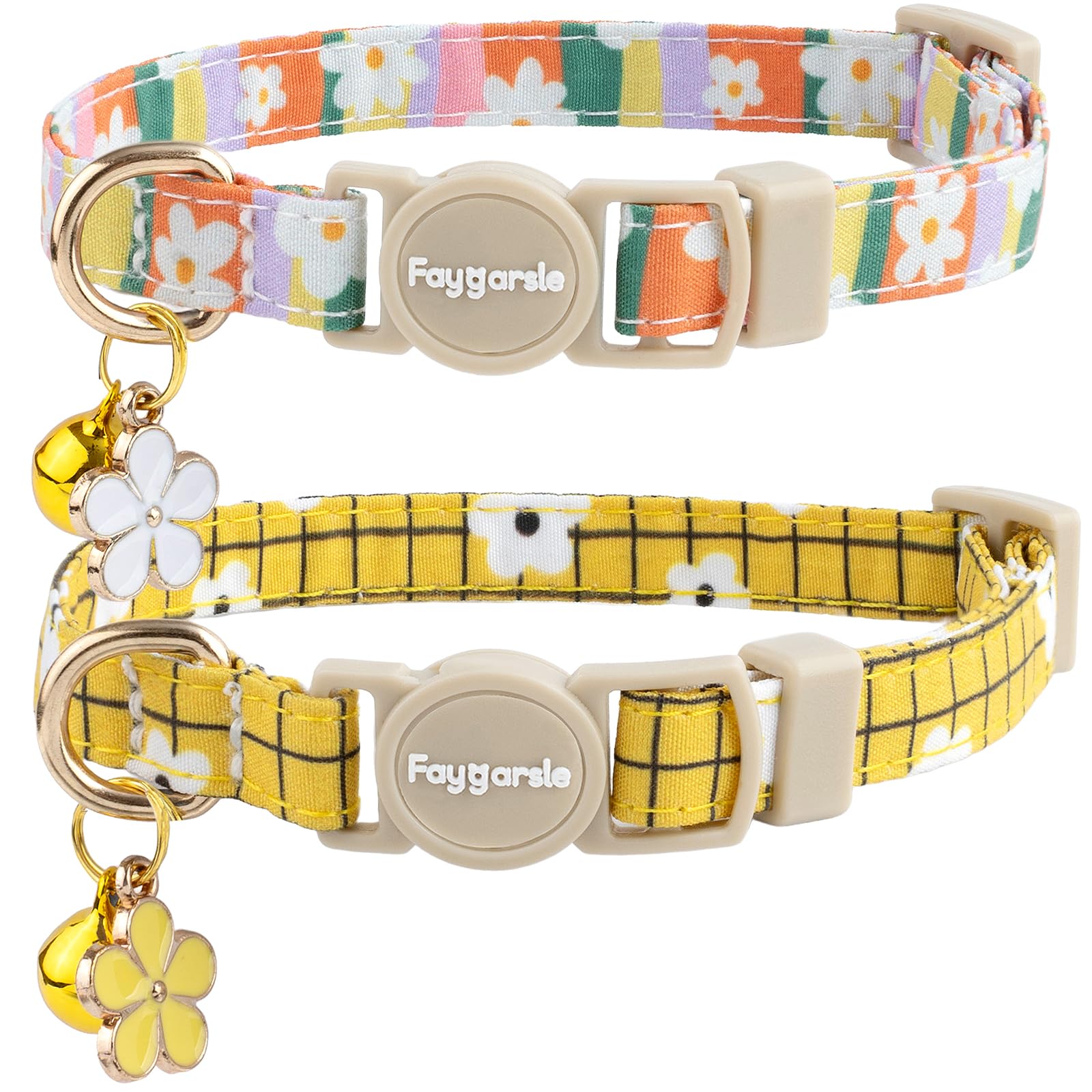 Faygarsle 2 Pack Striped Plaid Floral Pattern Cat Collars Breakaway Safety Collar with Bell Spring Summer Design for Girl Cats,Yellow Multicolor