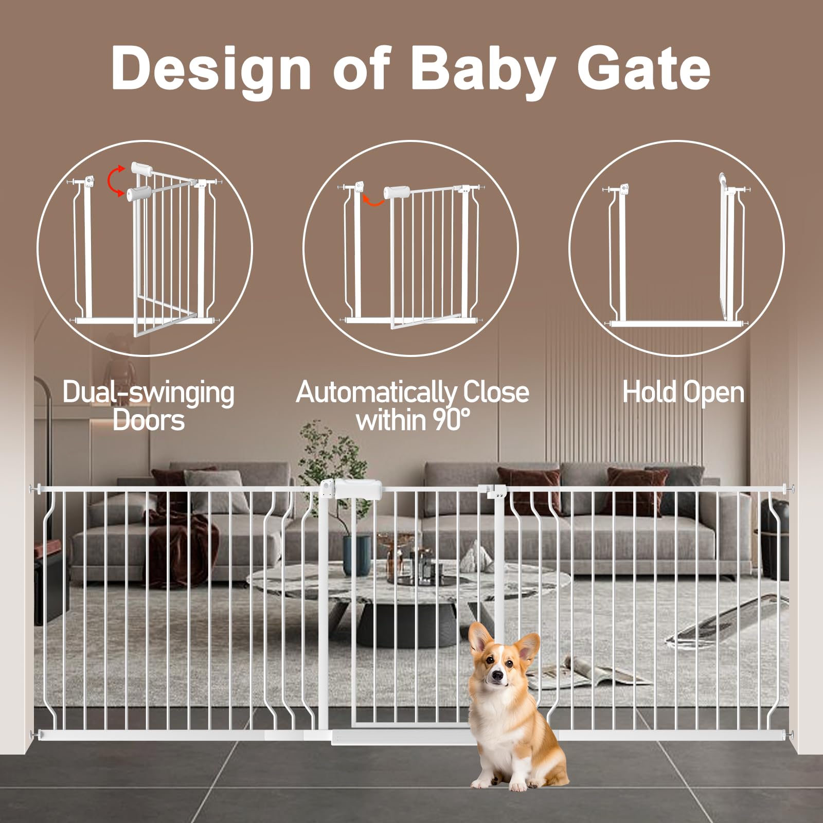 WAOWAO 85.83-95.25" Extra Wide Baby Gate Pressure Mounted 30" Tall White