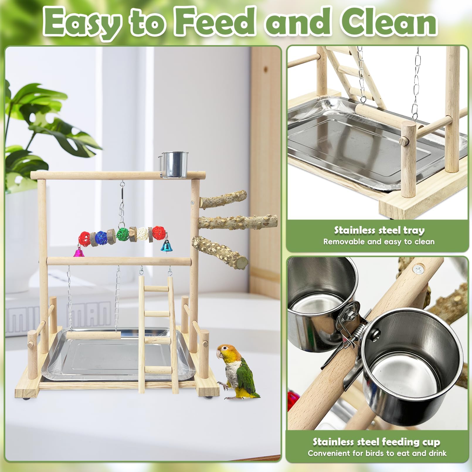 kathson Bird Playground Parrot Perch Stand Toys, Birds Wood Play Gym Activity Center Exercise Playpen Ladder Swing with Feeder Cups Chewing Toy(Include a Tray)