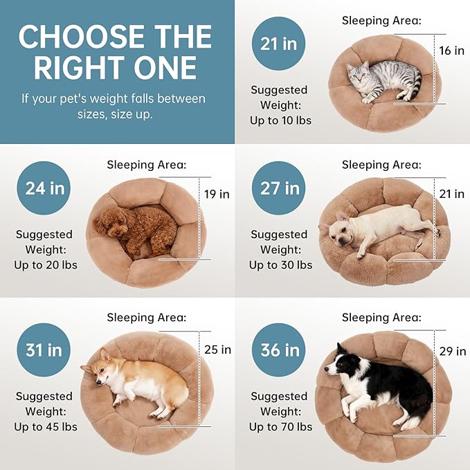 OhGeni 24 inches Calming Donut Dog & Cat Bed for Small Pets, Warming Comfort Fluffy Short Pile Fur, Durable Machine Washable, Cute Round Bed for Puppy and Kitten, Camel