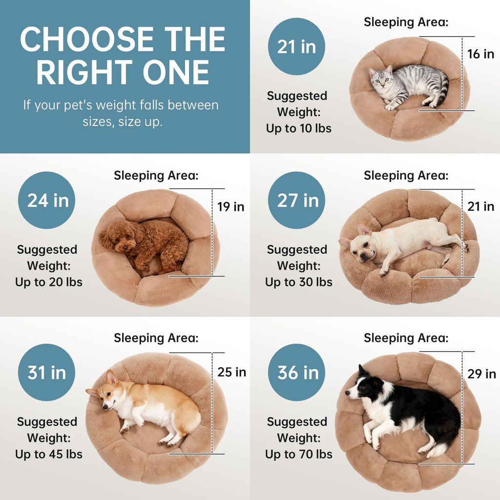 OhGeni 31 inches Calming Donut Orthopedic Dog & Cat Bed for Medium Pets, Warming Comfort Fluffy Short Pile Fur, Durable Waterproof Machine Washable Removable Cover, Cute Round Bed for Puppy, Camel