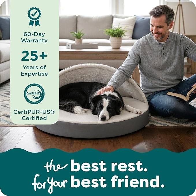 FurHaven Round Orthopedic Dog Bed for Large Dogs, Egg Crate with a Solid Orthopedic Foam Base with Attached Blanket Hood and Removable Washable Cover, Large, Sherpa & Suede Snuggery, Gray