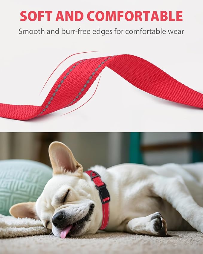 Joytale Small Dog Collar, Durable Double-Sided Reflective Nylon Collar for Night Safety, Adjustable Quick-Release for Active Breeds, Red, S (3/4" Width)