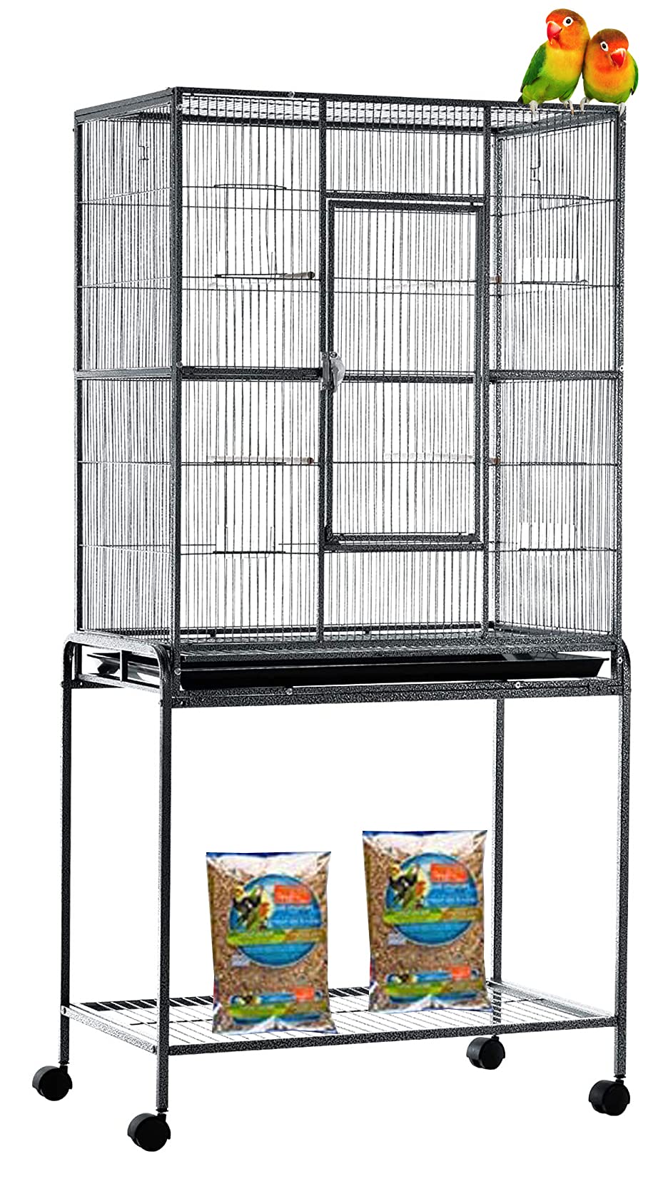 54" Large Sturdy Wrought Iron Breeding Flight Canary Parakeet Cockatiel Lovebird Finch Cage Side Nesting Box Doors with Removable Rolling Stand Storage Shelf