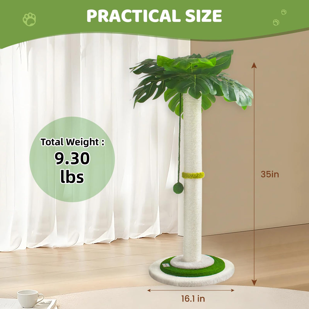 Meowoou Cat Scratching Post for Space-Saving,35” Tall Modern Monstera 3 Layer Cat Tree Tower with Sisal Rope Hanging Interactive Ball for Indoor Cats and Kitten Climbing,Play & Rest