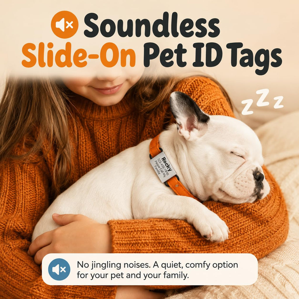 Custom Slide On Pet Tag ID, Fancy Silent Dogs & Cats Personalized No Jingle Engraved Identification Name & Phone Charm for Collar & Harnesses, No Noise for Puppies, Kitties, Horses & Animals