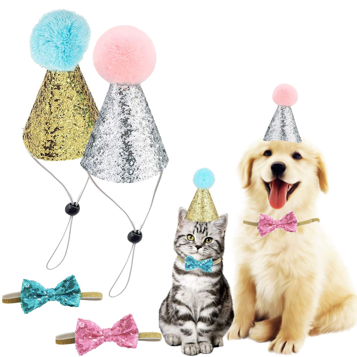 Christmas Pet Party Jazz Hat and Blingbling Bow Tie Breakaway Collar Set, Adjustable Headband for Kitten Puppy Small Dogs Cats (2/LB-Pink2)