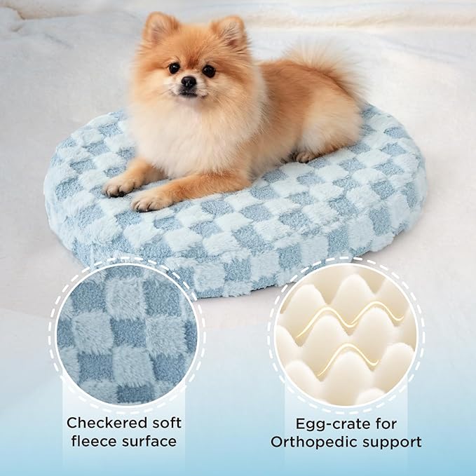 Joydeco Cloud Dog Bed for Small Dogs & Cats, Washable Pet Bed with Orthopedic Foam and Removable Checkered Plush Pad, Non-Slip Bottom for Indoor Puppies and Kittens, 22x20 Inch, Light Blue