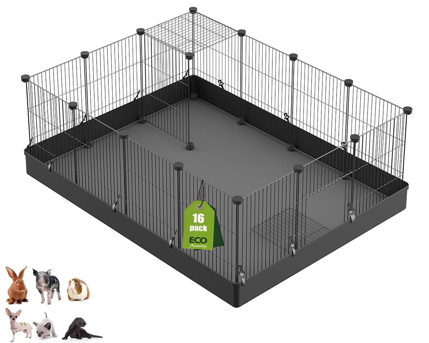 LANGXUN 16pcs Small Animal Pet Playpen with Door & Waterproof Mat, Rabbit Guinea Pig Cage, Puppy Kitten Playpen | Indoor & Outdoor Portable Metal Wire Yard Fence 13x13in