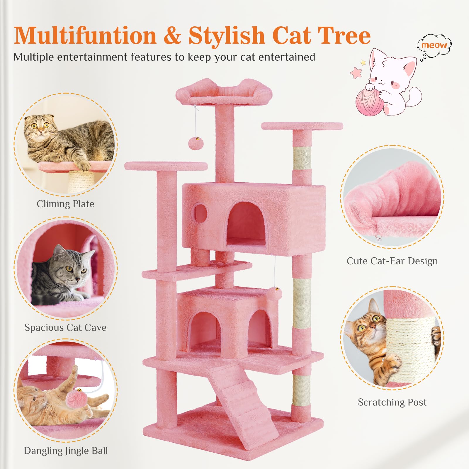 Sweetcrispy 54-inch Cat Tree Tower with Scratching Posts, Indoor Use