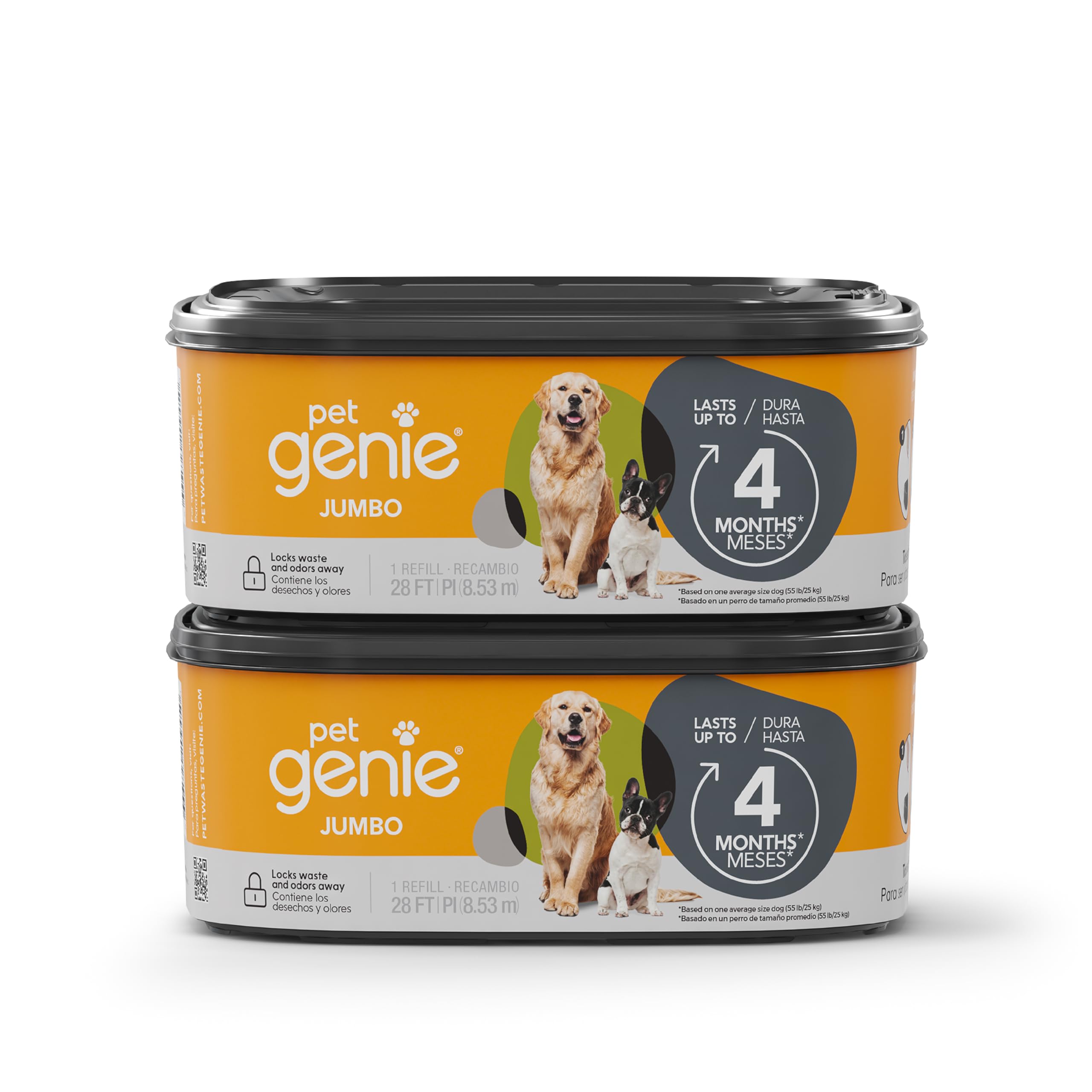 Pet Genie Refill Bags | Jumbo 2-Pack, 56 Total ft | Up to 8 Months of Supply in 2 cartridges | Ultimate Odor Control Dog Poop Bags