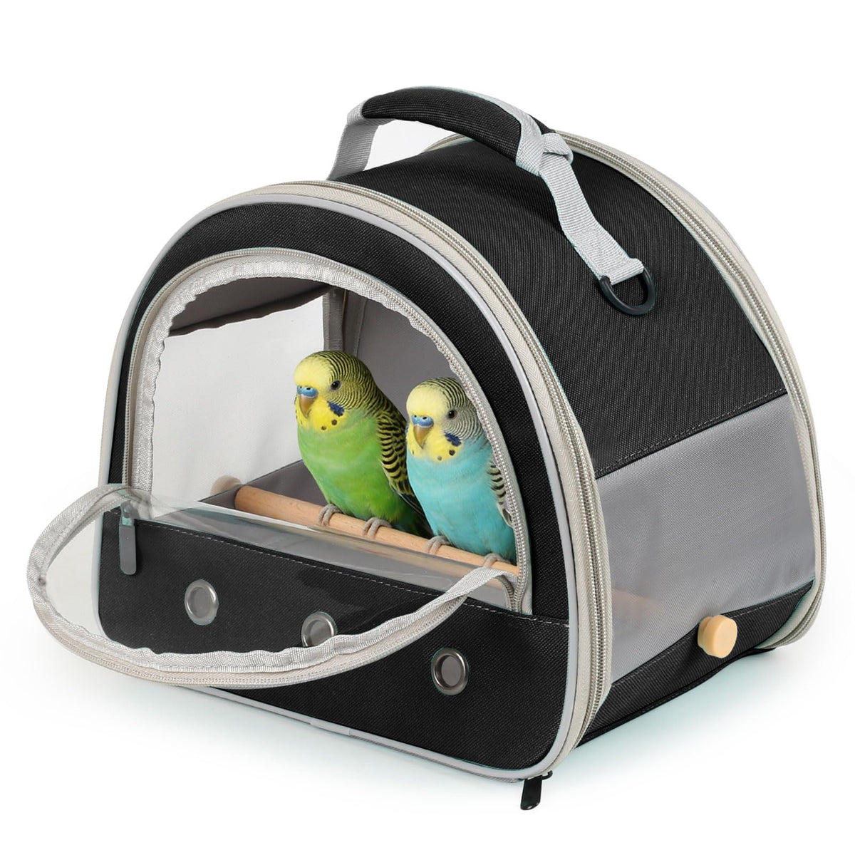 Bird Carrier, Portable Small Bird Parrot Parakeet Carrier with Standing Perch and Stainless Steel Tray, Side Access Window Collapsible (Black, Cylinder Design - Clear)