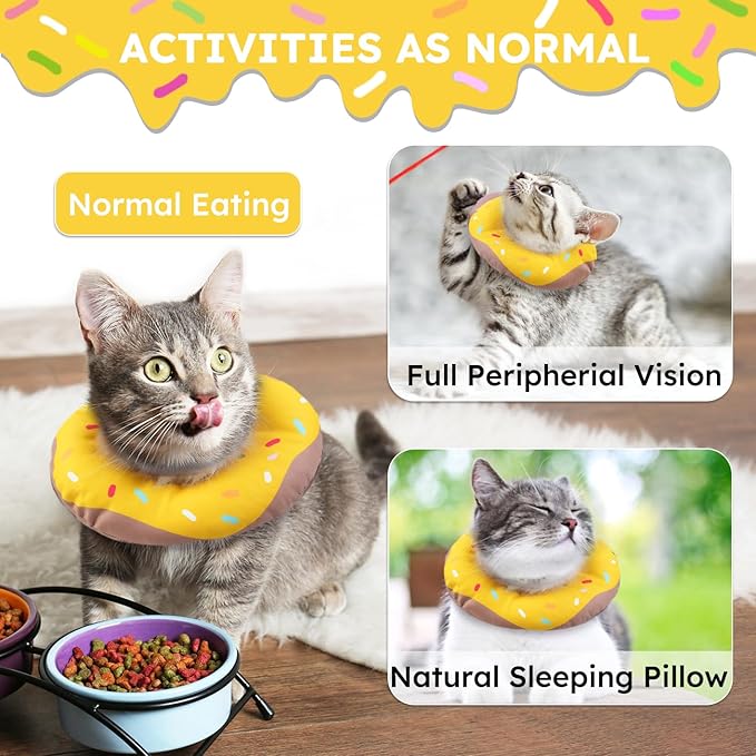 Cat Cone Collar Soft, Waterproof Cat Recovery Collars Spay Cones to Stop Licking Cute Donut E Collar After Surgery Anti-Lick Wound Healing Safety Elizabethan Collar for Kittens (Donut Yellow, Large)