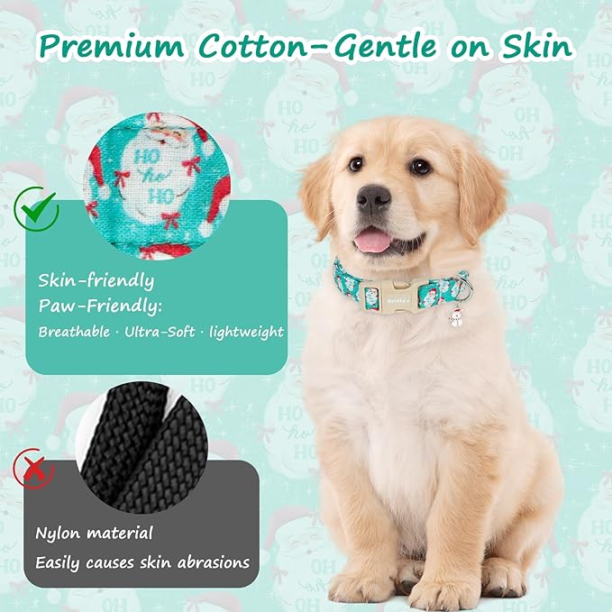 Astdogio Christmas Dog Collar，Soft Cotton Dog Collars for Small Dogs, Dog Christmas Collar with Santa for Small Medium Large Dogs, Adjustable Green Collars Perfect for Girl or Boy Dog Collars-S