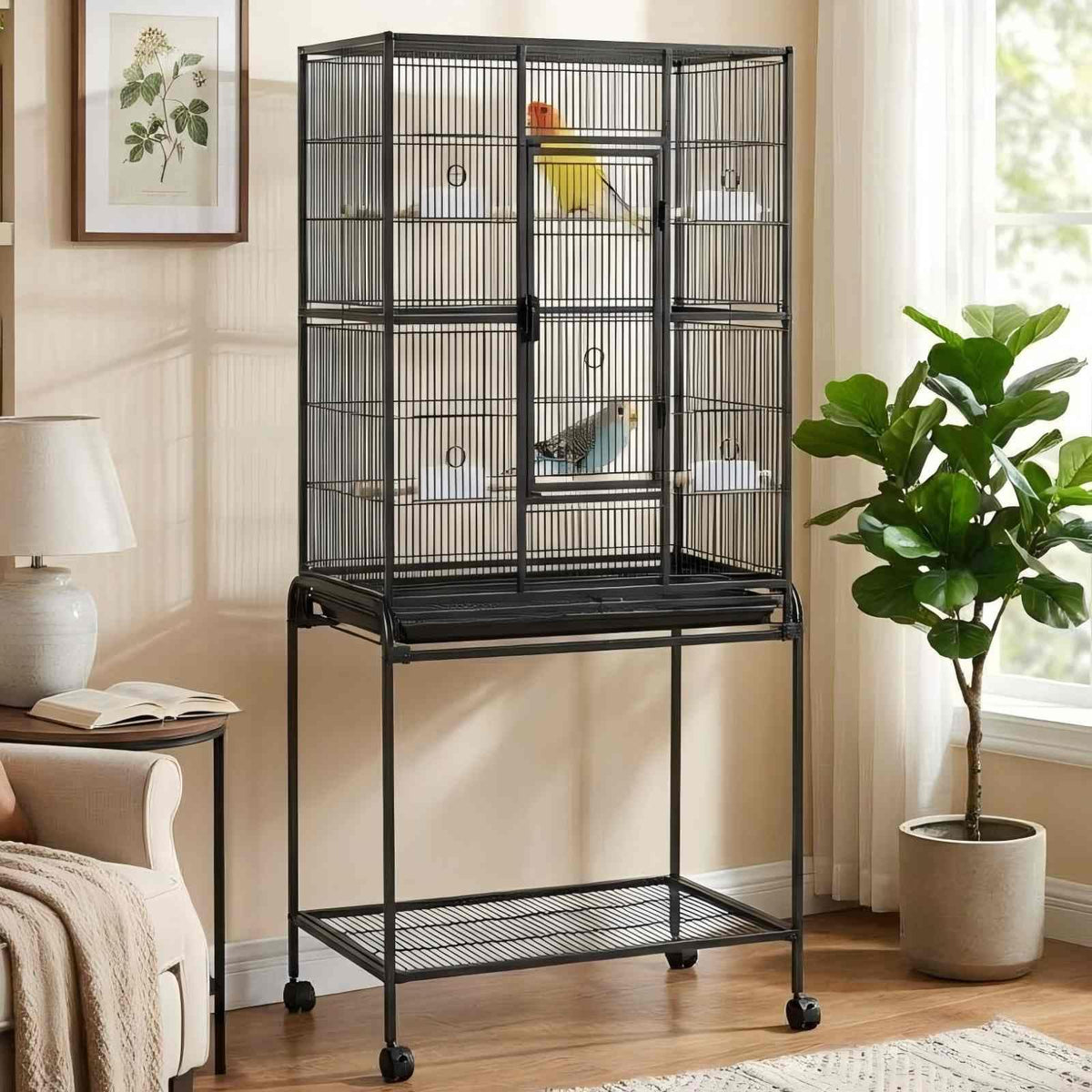 GarveeHome 62.6" H Large Bird Cage, Bird Cage with Rolling Storage Stands, Feed Bowls, Wide Tall Parrot Cage for Parakeets, Conures, Cockatiel, Cockatoo
