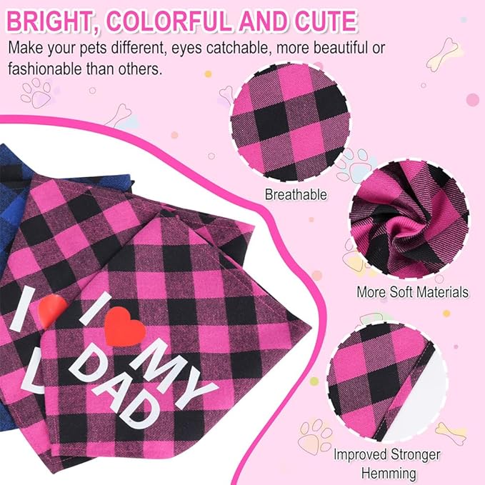 GreenJoy Cute Plaid Dog Bandana – Washable Pet Triangle Scarf for Small, Medium, Large Dogs and Cats, Adjustable Pet Accessory for Birthday, Wedding and Christmas (Pink (I Love My Dad), Large)