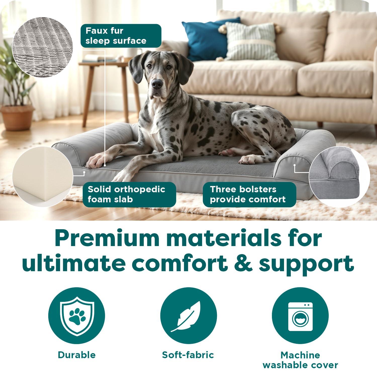 FurHaven Orthopedic Dog Bed For Large Dogs, Sofa Contour Mattress with Solid Orthopedic Foam Slab for Joint Support, Removable Washable Cover, Jumbo Plus XXL, Faux Fur, Charcoal
