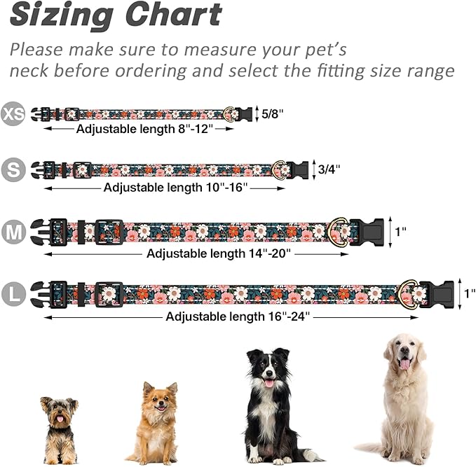 TMOODEL Reflective Dog Collar for Large Dogs, Cute Flower Theme Adjustable Heavy-Duty Nylon Puppy Collar for Boy and Girl Female, Soft Pet Accessories with Quick Release Buckle, Elegant Floral
