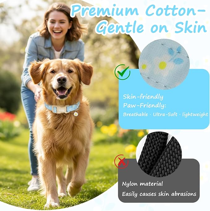 Astdogio Dog Collar for Small Medium Large Dogs, Spring Blue Dog Collars with White Flowers, Adjustable Cotton Dog Collars, Cute Girl or Boy Dog Collar Ideal for Gifts,Pet Accessory,XS