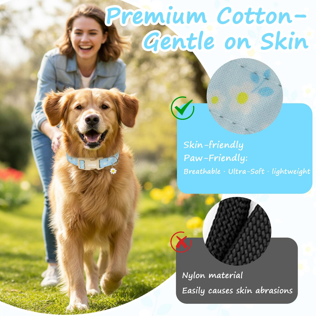 Astdogio Dog Collar for Small Medium Large Dogs, Spring Blue Dog Collars with White Flowers, Adjustable Cotton Dog Collars, Cute Girl or Boy Dog Collar Ideal for Gifts,Pet Accessory,L