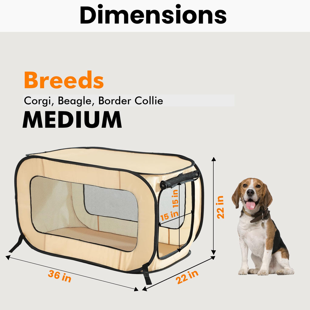 Portable Collapsible Pop Up Kennel, 36" L x 22" W x 22" H, Beige