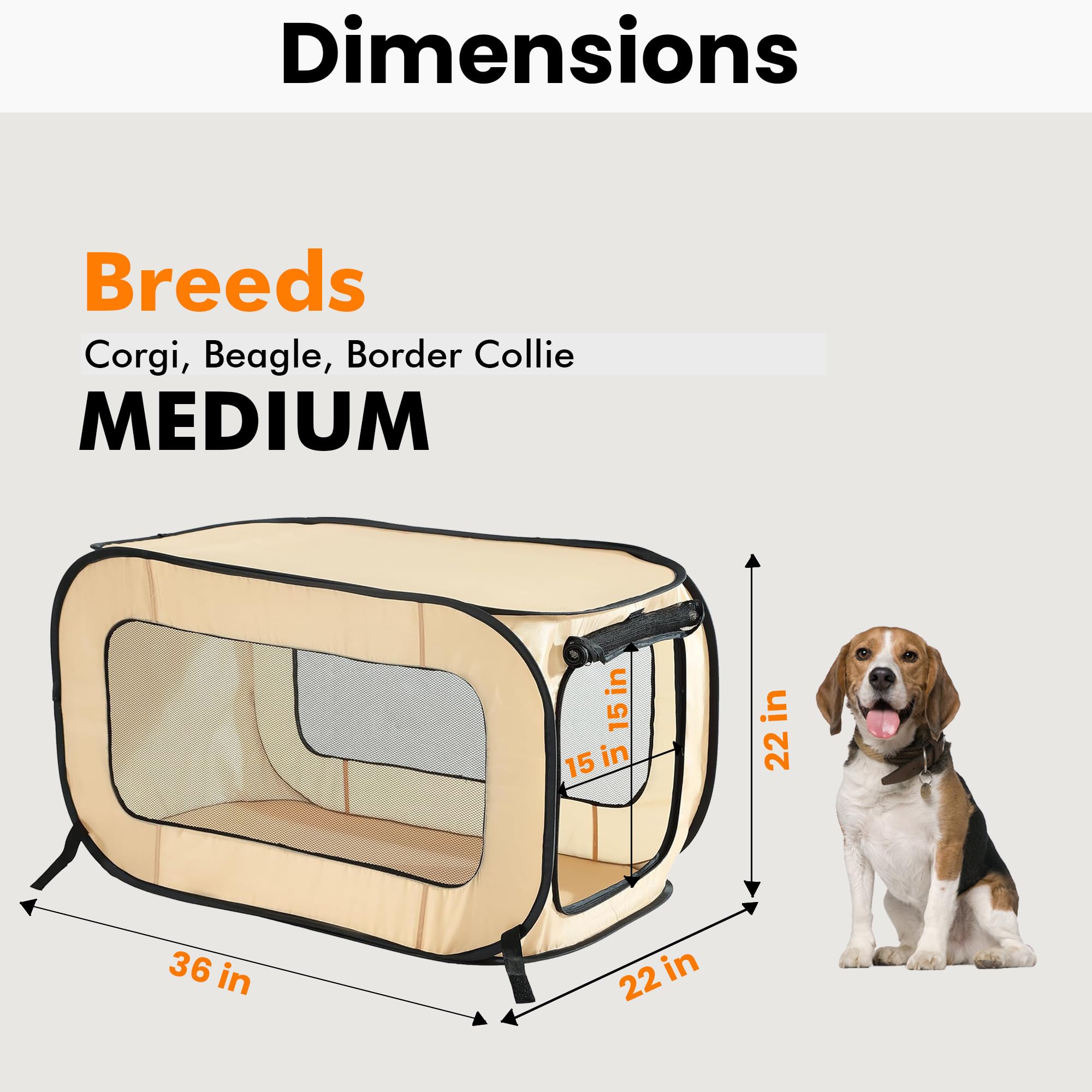 Portable Collapsible Pop Up Kennel, 36" L x 22" W x 22" H, Beige