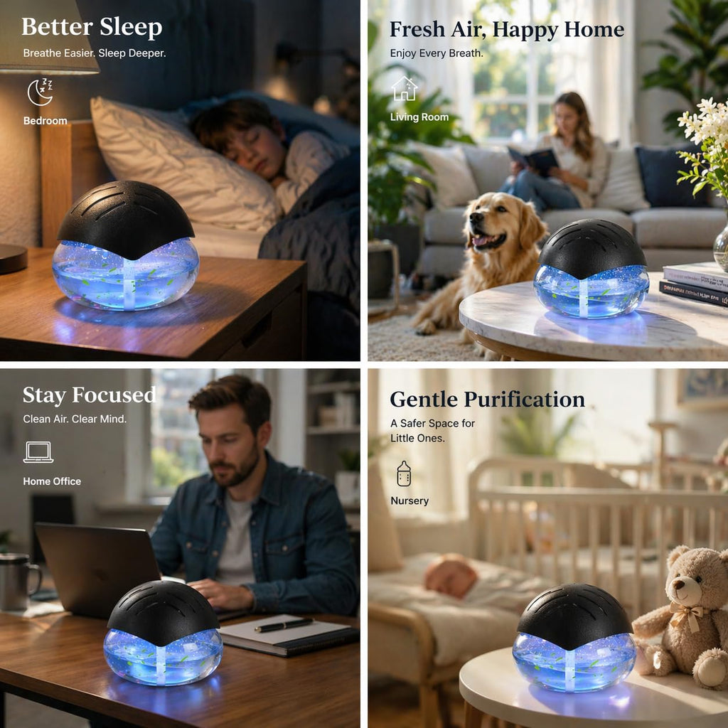 Air Freshener（Black） - for Home, Bedroom, Office and Warehouse - Essential Oil Aroma Diffuser with LED Color Night Light and Soothing Water Flow Sound - for Pets and Smokers.