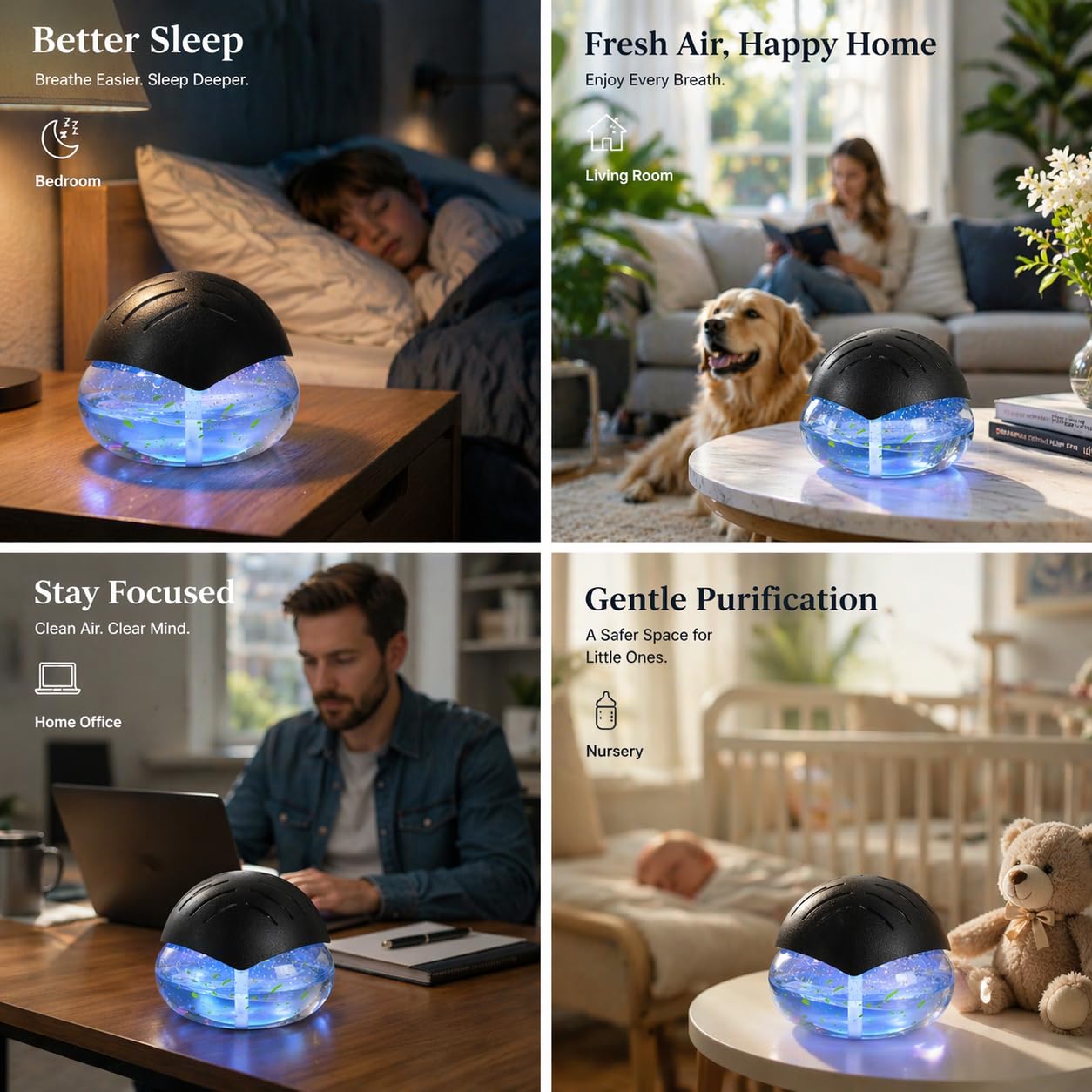 Air Freshener（Black） - for Home, Bedroom, Office and Warehouse - Essential Oil Aroma Diffuser with LED Color Night Light and Soothing Water Flow Sound - for Pets and Smokers.