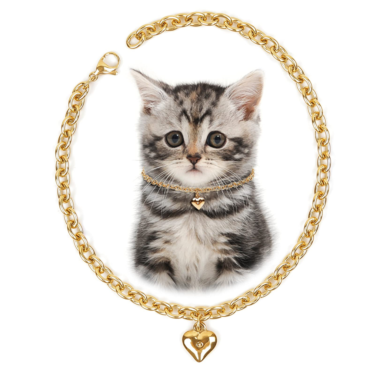 HOWWFALY Dog Collar and Dog Chain Necklace Stainless Steel Adjustable 18K Sliver Heart-Shaped Necklace for Small Pets Cats Kitten Puppy (Sliver, 12 inch)