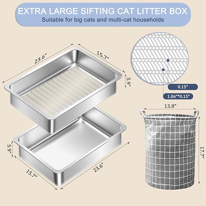 Teheao Stainless Steel Sifting Cat Litter Box for Clumping Litter, XL Extra Large Metal Sifter Tray Pan with Cat Litter Bag, Low Dust, Odor Control, Easy Cleaning (23.6"*15.7"*5.9")
