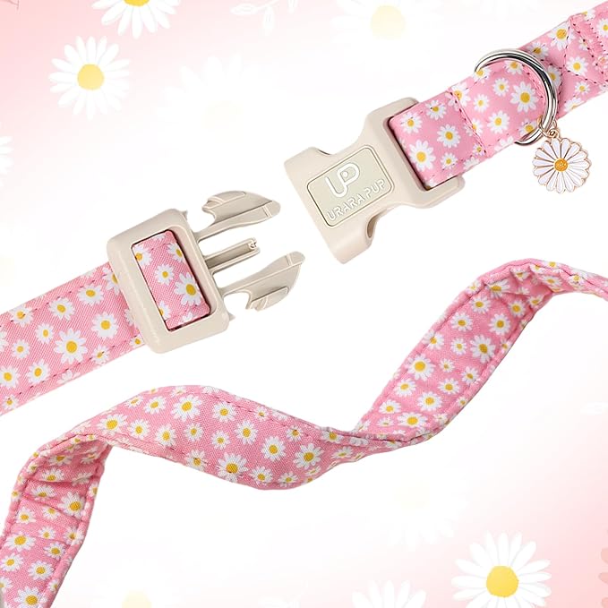 UP URARA PUP Daisy Dog Collar, Summer Cotton Dog Collar with Quick Release, Gift Pink Collars for Small Medium Large Girls or Boys Dogs Cute Durable Comfortable Pet Collars