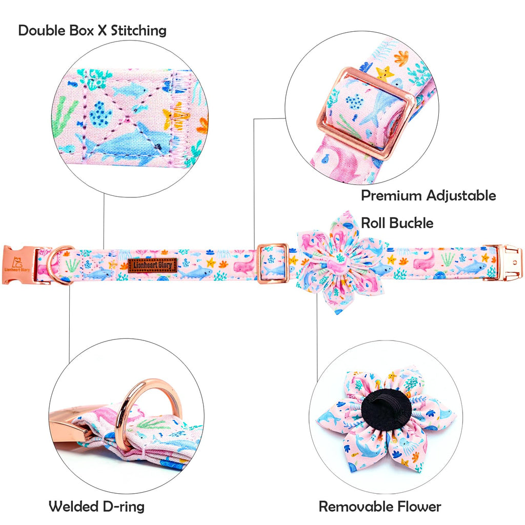 Lionheart glory Dog Collar Flower Collar Pink Dog Collars with Flower Summer Cute Sea Animals Print Collar Dog Female Soft Durable Adjustable Dog Collars for Small Dogs
