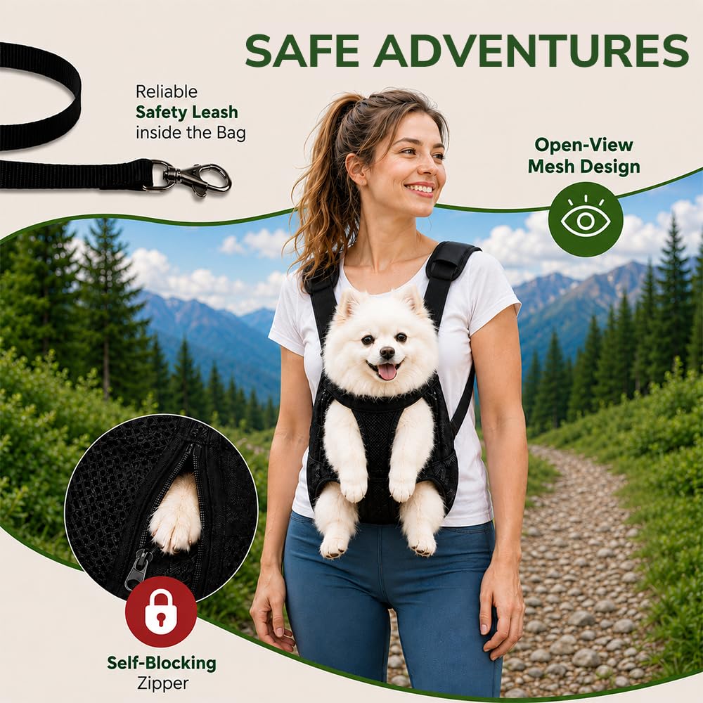 Inspack Dog Backpack Carrier/Cat Carrier, Adjustable Pet Front Carriers Travel Bag for Puppy Medium Dogs, Legs Out, Soft Ventilated Dog Chest Carry Backpacks for Hiking/Camping, 7-11 lbs, Black