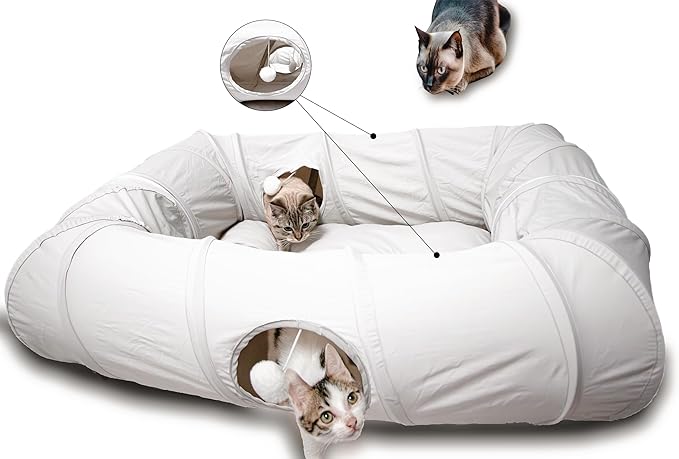 XxingSheep 4 Ways Shuttled XL Cat Tunnel Bed for Indoor Cats Peekaboo Cat Cave Donut with Cool Mat (Pink)