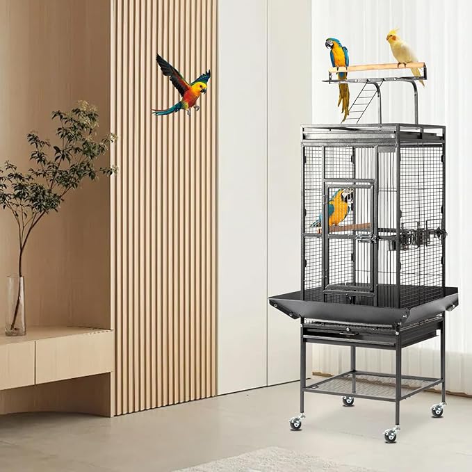 VINGLI Bird Cage with Wheels, 62 inch Bird Cages with Play Top, Wrought Iron Cage with Rolling Stand for Parrots, Cockatiels, Budgies, Lovebirds, Small/Medium Birds (Black)