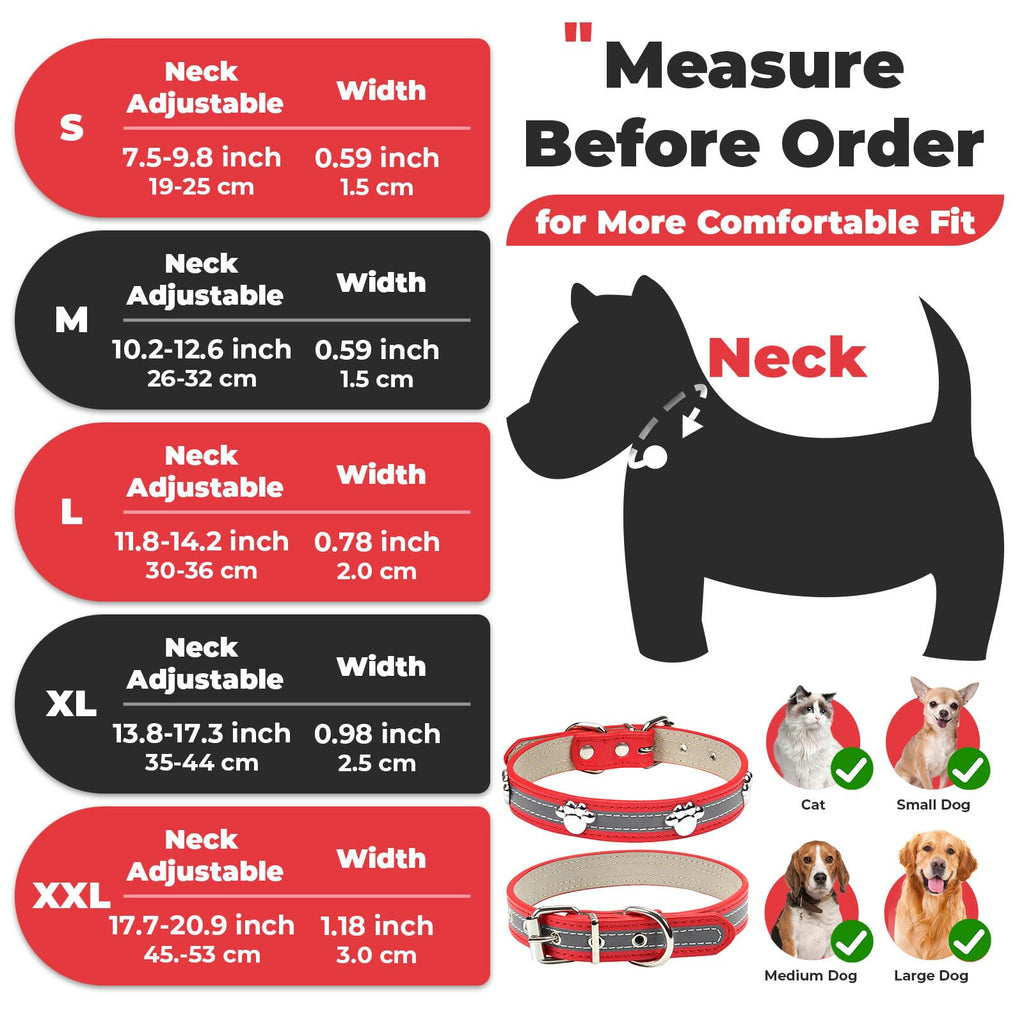 PETCARE Reflective Dog Collar with Cute Paw Rivet Studded Funny Soft PU Leather Adjustable Puppy Dog Collars for Small Medium Large Dogs Cats (Red,Medium)