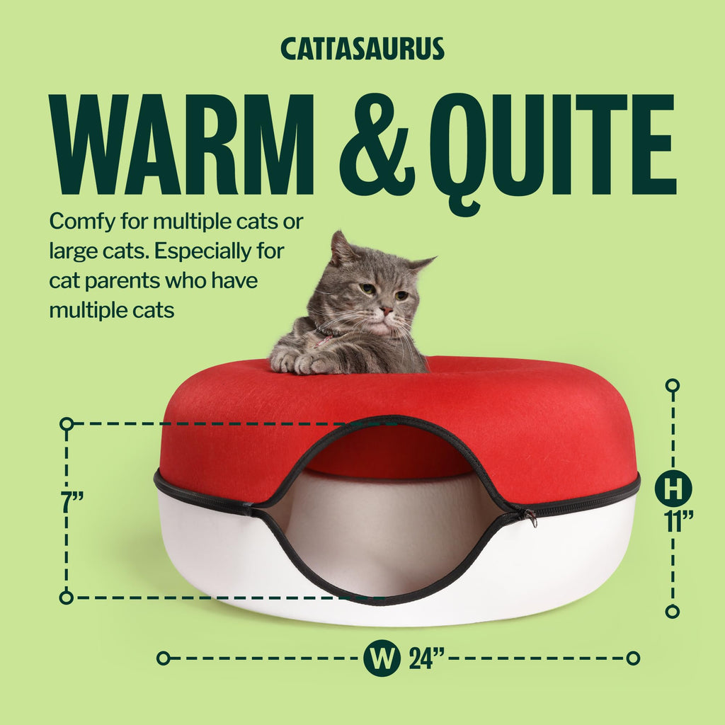 Cattasaurus Peekaboo Cat Cave Donut for Multiple & Large Cats up to 30-45 lbs, 3-in-1 Self Warming Cat Bed, Tunnel & Scratcher for Indoor Cats, Washable & Detachable Dog Bed (Ruby Snowball, Large)