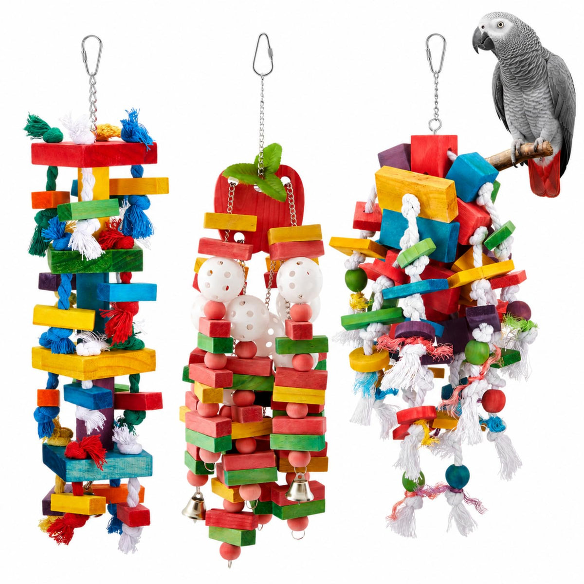 Seenelling 3 Pcs Extra Large Bird Toys for Parrots, Block and Ball