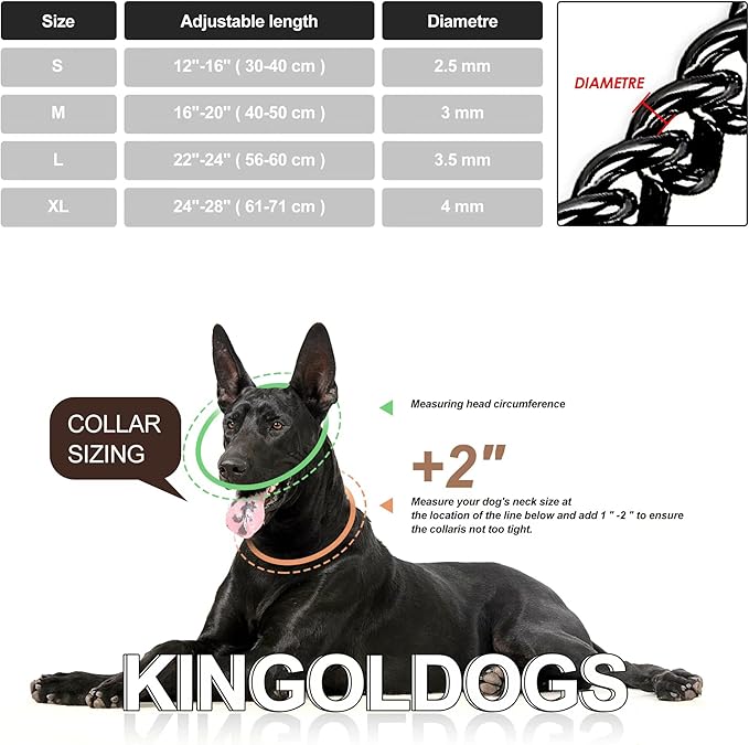 Black Dog Chain Collar - Stainless Steel, Adjustable, Chew Proof, Double Row, Cuban Link, Walking Collar for Large, Small, Medium Dogs