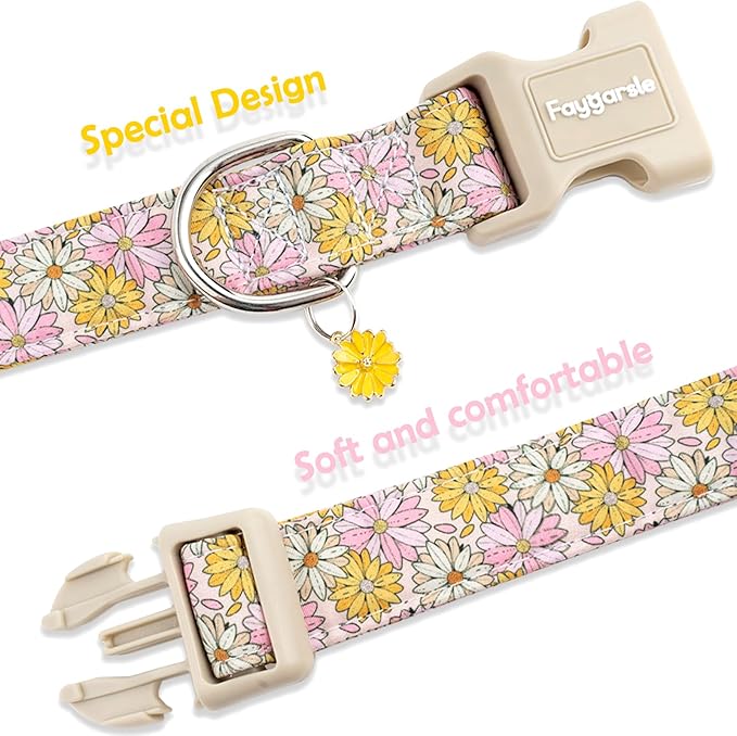 Faygarsle Floral Girl Dog Collar, Cotton Fabric with Daisies Pattern, Pink and Yellow Summer Spring Design for Small Medium Large Dogs XS