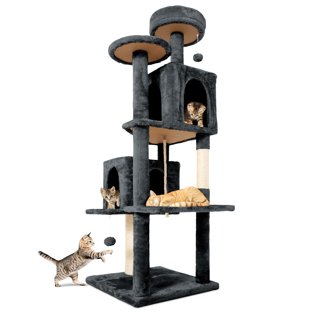 TSCOMON 58.5inch Large Cat Tree Tower Condo for Indoor Cats, Soft Plush Multi-Level Climbing Tree Cat House with Cat Cave, Scratching Post, More Entrance/Exit, Sisal Rope, Grey Black